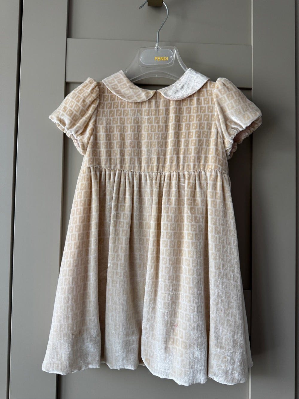 Fendi Beige Velvet Logo-Print Girls' Dress with Peter Pan Collar